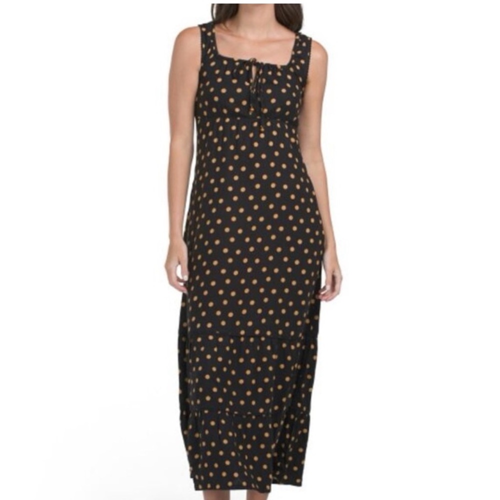 Cynthia Rowley Linen Blend Boho Polka Dot Sleeveless Maxi Dress - Black and Tan